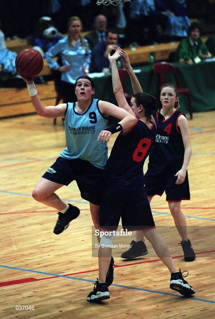 8 February 2000;  Kate Maher of Mercy Waterford in action against Caitriona O'Connell of Presentation Killarney during the Bank of Ireland Schools Cup Girls' A Final match between Mercy Waterford and Presentation Killarney at National Basketball Arena in Tallaght, Dublin. Photo by Brendan Moran/Sportsfile