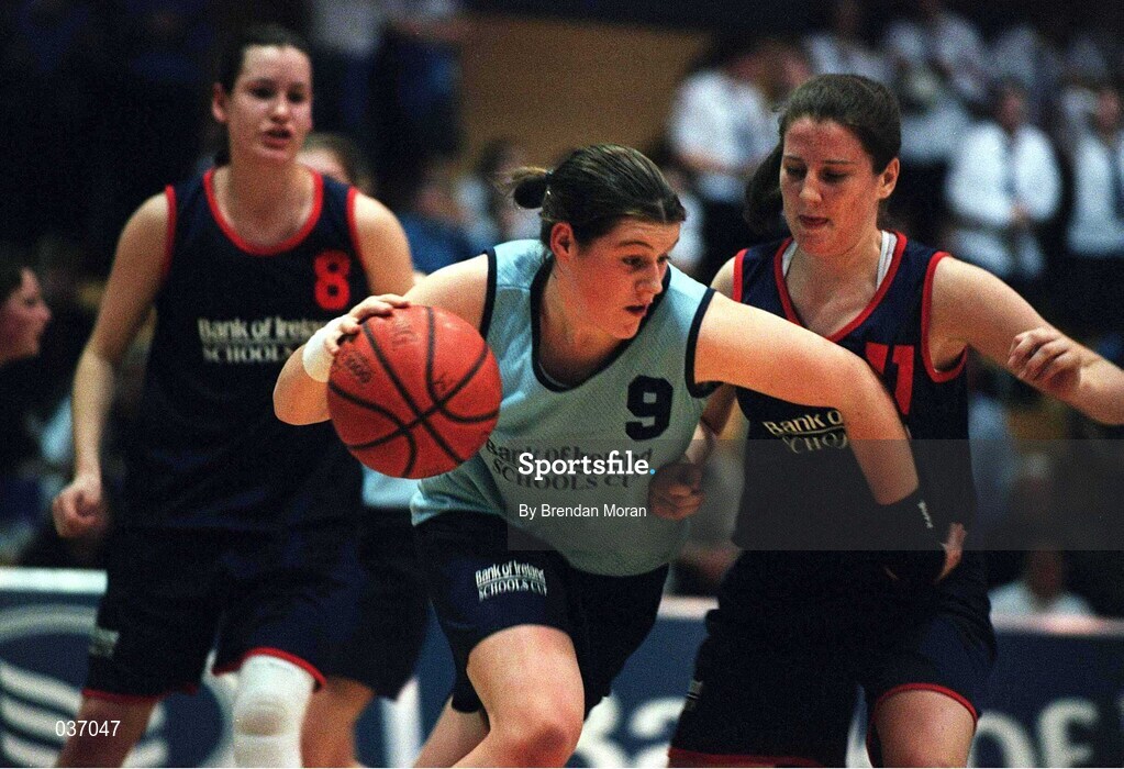 8 February 2000;  Kate Maher of Mercy Waterford in action against Orla Kavanagh of Presentation Killarney during the Bank of Ireland Schools Cup Girls' A Final match between Mercy Waterford and Presentation Killarney at National Basketball Arena in Tallaght, Dublin. Photo by Brendan Moran/Sportsfile