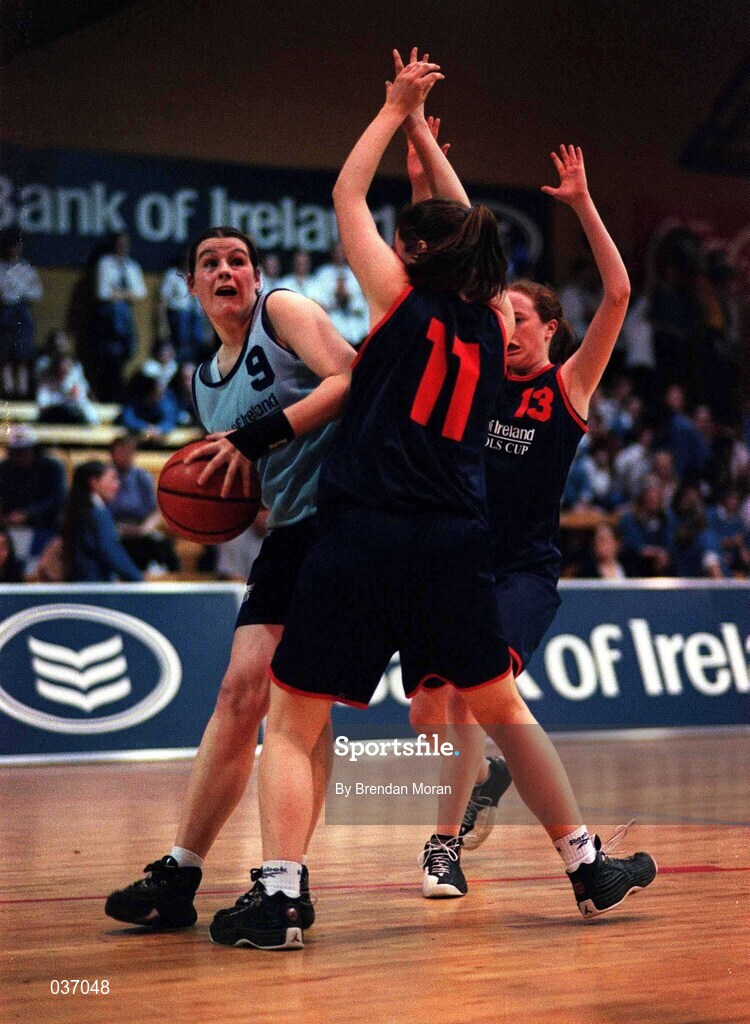 8 February 2000; Kate Maher of Mercy Waterford in action against Orla Kavanagh of Presentation Killarney during the Bank of Ireland Schools Cup Girls' A Final match between Mercy Waterford and Presentation Killarney at National Basketball Arena in Tallaght, Dublin. Photo by Brendan Moran/Sportsfile