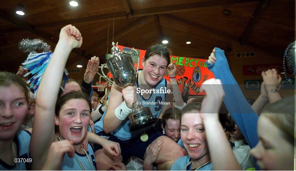 8 February 2000;  MVP Kate Maher of Mercy Waterford is lifted by her team-mates following the Bank of Ireland Schools Cup Girls' A Final match between Mercy Waterford and Presentation Killarney at National Basketball Arena in Tallaght, Dublin. Photo by Brendan Moran/Sportsfile