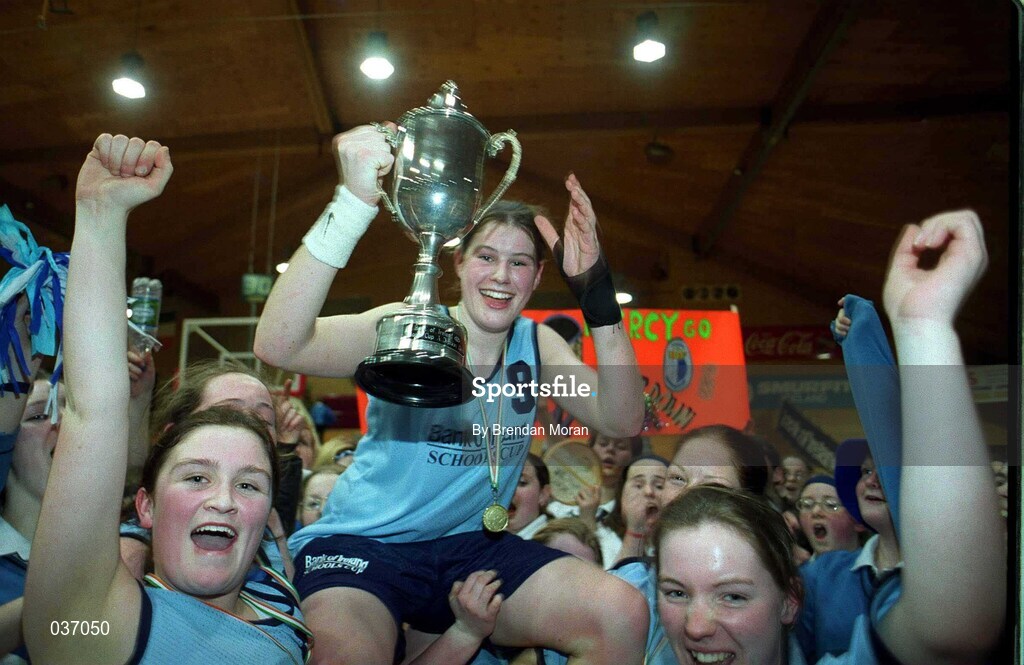 8 February 2000;  MVP Kate Maher of Mercy Waterford is lifted by her team-mates following the Bank of Ireland Schools Cup Girls' A Final match between Mercy Waterford and Presentation Killarney at National Basketball Arena in Tallaght, Dublin. Photo by Brendan Moran/Sportsfile