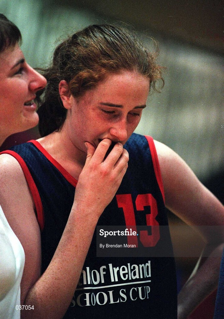 8 February 2000; Katie Gleason of Presentation Killarney looks dejected following the Bank of Ireland Schools Cup Girls' A Final match between Mercy Waterford and Presentation Killarney at National Basketball Arena in Tallaght, Dublin. Photo by Brendan Moran/Sportsfile