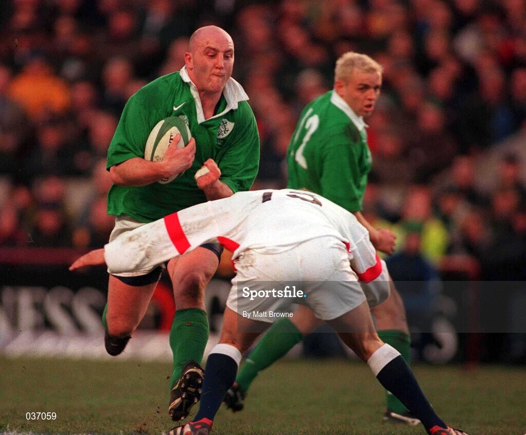 6 March 1999; Keith Wood of Ireland is tackled by Matt Perry of Ireland during the Five Nations Rugby Championship match between Ireland and England at Lansdowne Road in Dublin. Photo by Matt Browne/Sportsfile
