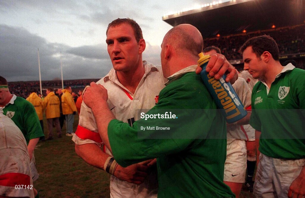 6 March 1999; Lawrence Dallaglio of England and Keith Wood of Ireland embrace following the Five Nations Rugby Championship match between Ireland and England at Lansdowne Road in Dublin. Photo by Matt Browne/Sportsfile