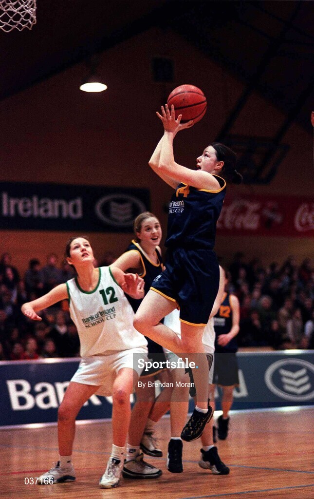 8 February 2000; Linda Hennebry of Scoil Ruain Killenaule in action against Vanessa Lenehan of Loreto Foxrock during the Bank of Ireland Schools Cup Girls' B Final match between Scoil Ruain Killenaule and Loreto Foxrock at National Basketball Arena in Tallaght, Dublin. Photo by Brendan Moran/Sportsfile
