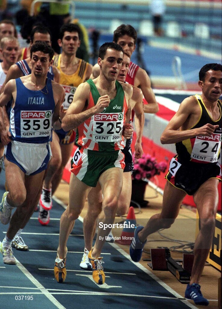 25 February 2000; Mark Carroll of Ireland during the Men's 3000m on Day One of the European Athletics Indoor Championships at Flanders Sports Arena in Ghent, Belgium. Photo by Brendan Moran/Sportsfile