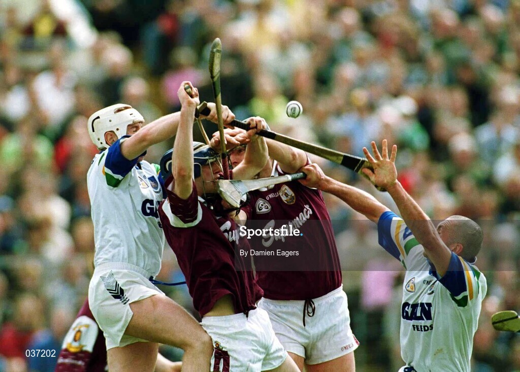 30 April 2000; Mark Kerins and Joe Rabbitte of Galway in action against Fergal Hartley, left, and Peter Queally of Waterford during the Church & General National Hurling League Division 1 Semi-Final match between Galway and Waterford at Semple Stadium in Thurles, Tipperary. Photo by Damien Eagers/Sportsfile