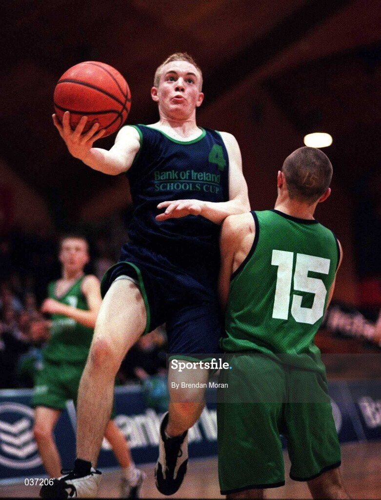 9 February 2000; Mark McEvoy of Carrick-On-Shannon CS in action against Neil Hanley of Colaiste Mhuire Crosshaven during the Bank of Ireland Schools Cup Boys' C Final match between Colaiste Mhuire Crosshaven and Carrick-On-Shannon CS at National Basketball Arena in Tallaght, Dublin. Photo by Brendan Moran/Sportsfile