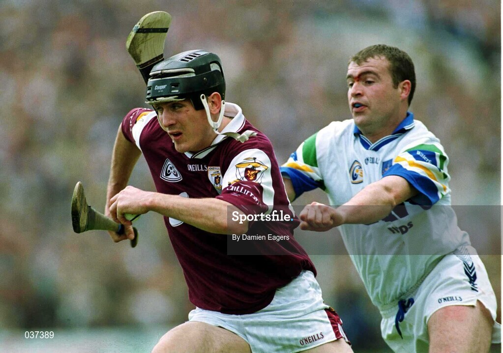 30 April 2000; Ollie Fahy of Galway in action against James O'Connor of Waterford on his way to scoring a goal during the Church & General National Hurling League Division 1 Semi-Final match between Galway and Waterford at Semple Stadium in Thurles, Tipperary. Photo by Damien Eagers/Sportsfile