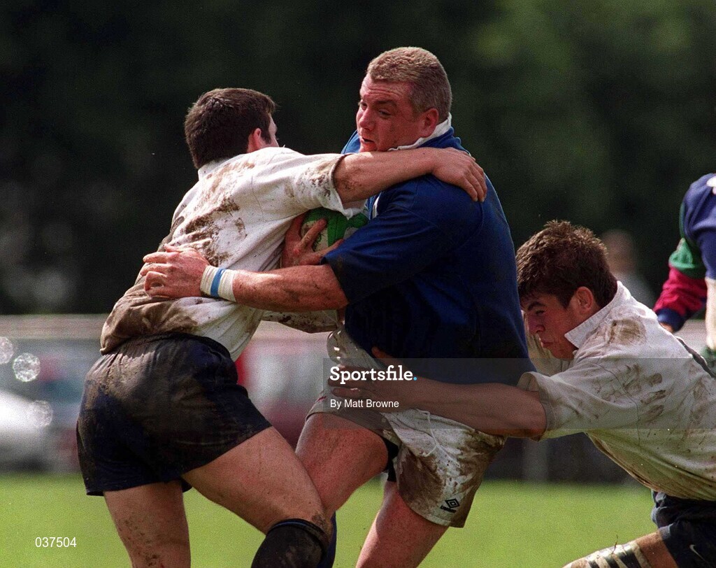 29 April 2000; Victor Costello of St. Mary's is tackled by Brian O' Meara, left, and Donnacha O' Callaghan of Cork Constitution during the AIB All-Ireland League Division 1 match between St Mary's and Cork Constitution at Templeville Road in Dublin. Photo by Matt Browne/Sportsfile