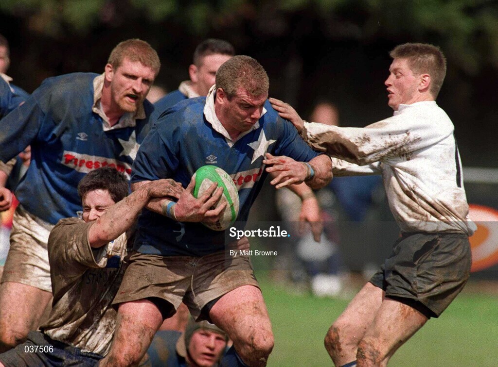 29 April 2000; Victor Costello of St Mary's is tackled by Brian O' Meara, left, and Ronan O'Gara of Cork Constitution during the AIB All-Ireland League Division 1 match between St Mary's and Cork Constitution at Templeville Road in Dublin. Photo by Matt Browne/Sportsfile