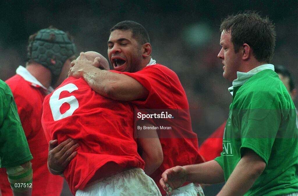 1 April 2000; Nathan Budgett of Wales celebrates after scoring his side's first try with team-mate Colin Charvis during the Lloyds TSB 6 Nations match between Ireland and Wales at Lansdowne Road in Dublin. Photo by Brendan Moran/Sportsfile