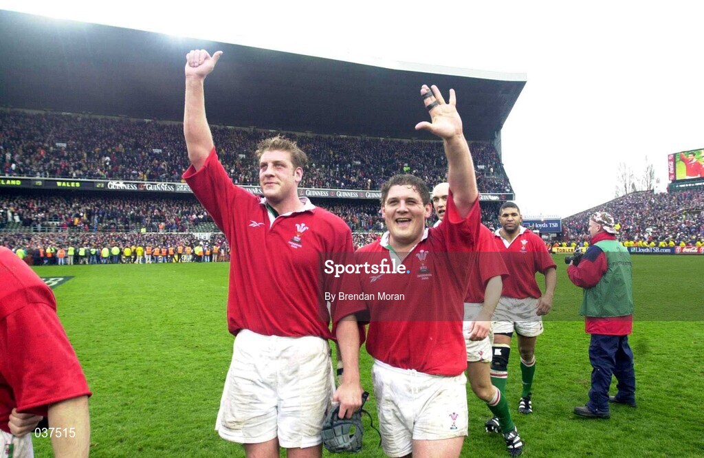 1 April 2000; Andrew Moore, left, and Peter Rogers of Wales celebrate following the Lloyds TSB 6 Nations match between Ireland and Wales at Lansdowne Road in Dublin. Photo by Brendan Moran/Sportsfile
