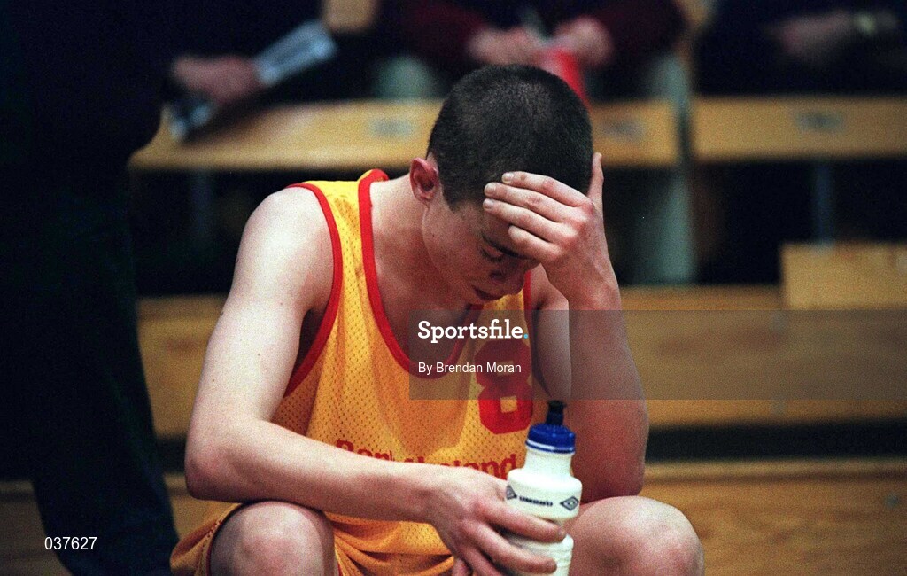 8 February 2000; Sean Carroll of St Mary's Moyderwell looks dejected following the Bank of Ireland Schools Cup Boys' B Final match between St Laurence Loughlinstown and St Mary's Moyderwel at National Basketball Arena in Tallaght, Dublin. Photo by Brendan Moran/Sportsfile