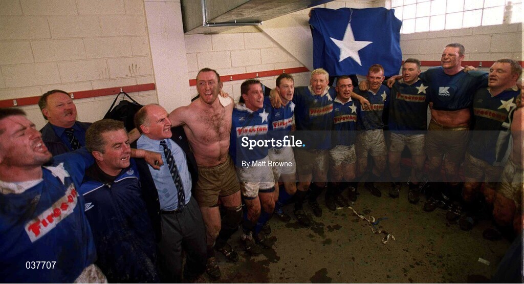 29 April 2000; St. Mary's players and staff celebrate in the dressing room following the AIB All-Ireland League Division 1 match between St Mary's and Cork Constitution at Templeville Road in Dublin. Photo by Matt Browne/Sportsfile