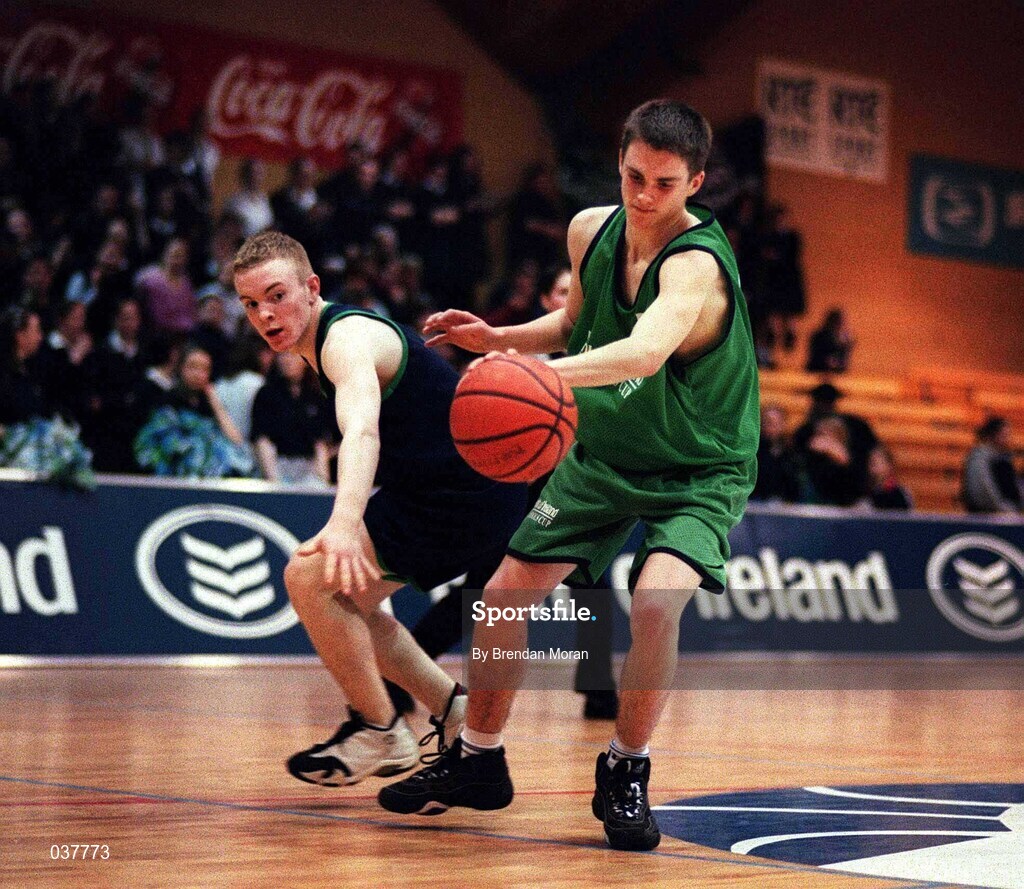 9 February 2000; Tim Dempsey of Colaiste Mhuire Crosshaven in action against Mark McEvoy of Carrick-on-Shannon CS during the Bank of Ireland Schools Cup Boys' C Final match between Colaiste Mhuire Crosshaven and Carrick-On-Shannon CS at National Basketball Arena in Tallaght, Dublin. Photo by Brendan Moran/Sportsfile