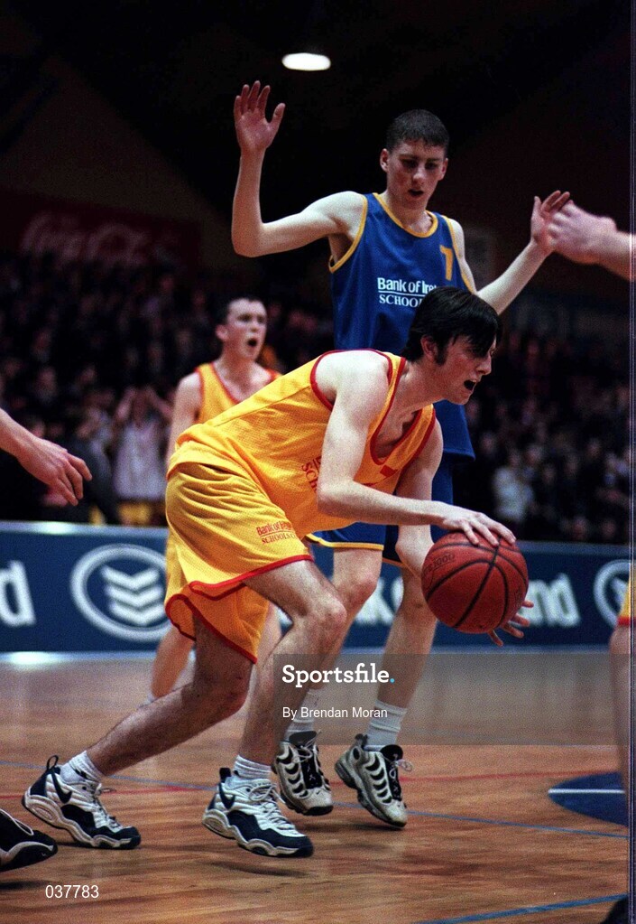 8 February 2000; Timmie Cronin of St Mary's Moyderwel in action against Eddie Kelly St Laurence Loughlinstown in the Boys B Final. Bank of Ireland Schools Cup Finals, National Basketball Arena, Tallaght, Dublin. Picture credit; Brendan Moran/SPORTSFILE during the Bank of Ireland Schools Cup Boys' B Final match between St Laurence Loughlinstown and St Mary's Moyderwel at National Basketball Arena in Tallaght, Dublin. Photo by Brendan Moran/Sportsfile