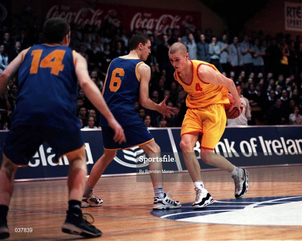 8 February 2000; Wayne O'Riordan of St Mary's Moyderwelin action against Owen Gormley of St Laurence Loughlinstown during the Bank of Ireland Schools Cup Boys' B Final match between St Laurence Loughlinstown and St Mary's Moyderwel at National Basketball Arena in Tallaght, Dublin. Photo by Brendan Moran/Sportsfile