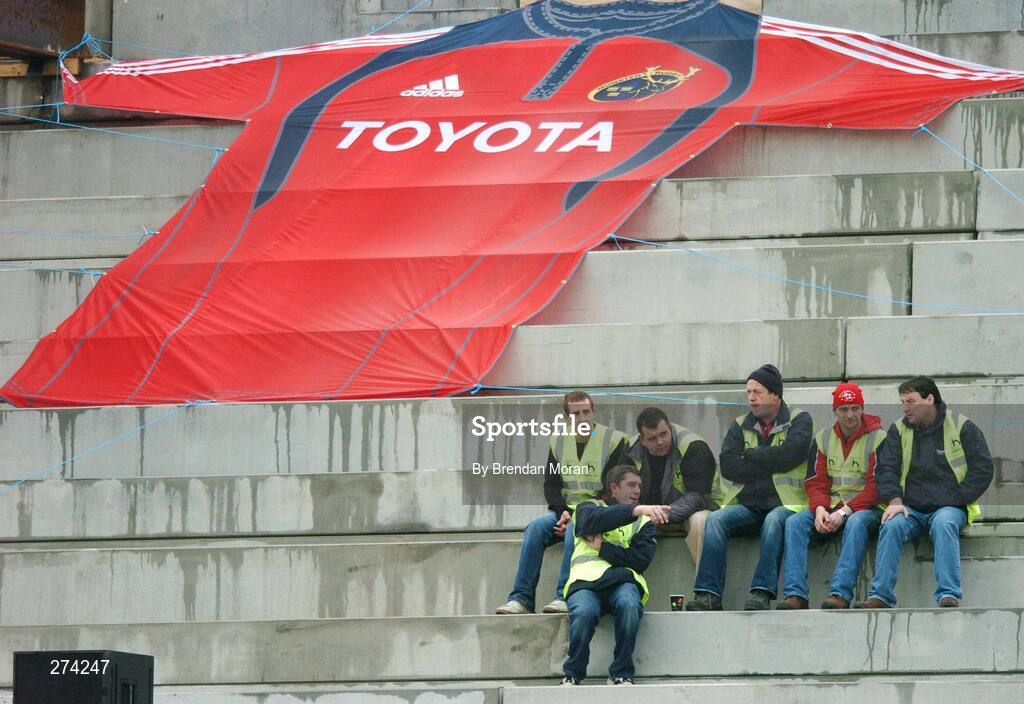 18 November 2007; Construction workers watch the game from part of one of the unfinished stands. Heineken Cup, Pool 5, Round 2, Munster v Clermont Auvergne, Thomond Park, Limerick. Picture credit; Brendan Moran / SPORTSFILE *** Local Caption ***