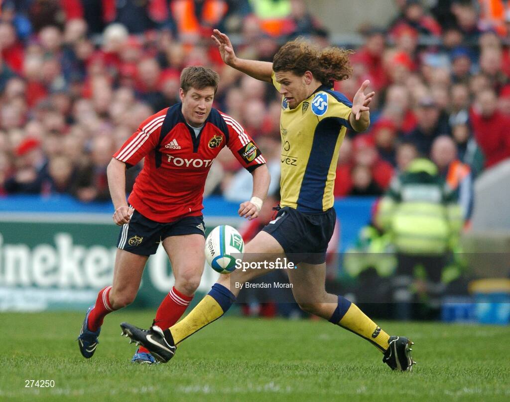 18 November 2007; Ronan O'Gara, Munster, kicks past Fabien Alexandre, Clermont Auvergne. Heineken Cup, Pool 5, Round 2, Munster v Clermont Auvergne, Thomond Park, Limerick. Picture credit; Brendan Moran / SPORTSFILE *** Local Caption ***
