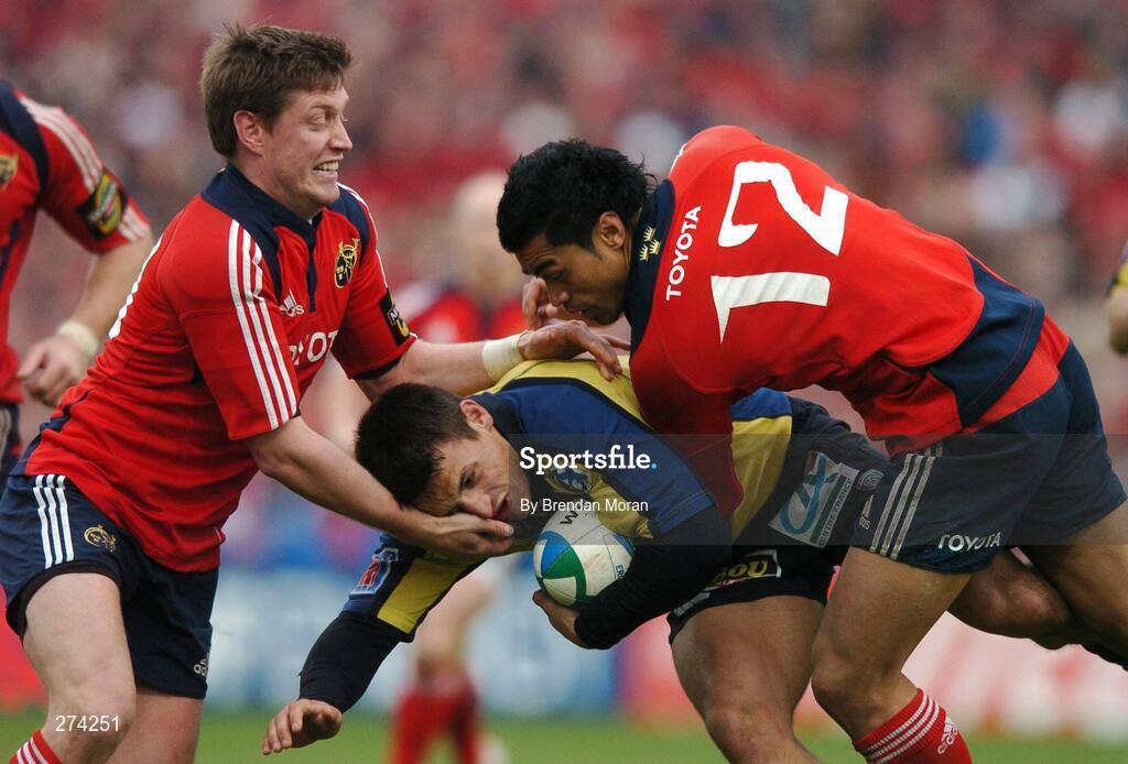 18 November 2007; Arnaud Pic, Clermont Auvergne, is tackled by Ronan O'Gara, left, and Lifeimi Mafi. Heineken Cup, Pool 5, Round 2, Munster v Clermont Auvergne, Thomond Park, Limerick. Picture credit; Brendan Moran / SPORTSFILE *** Local Caption ***