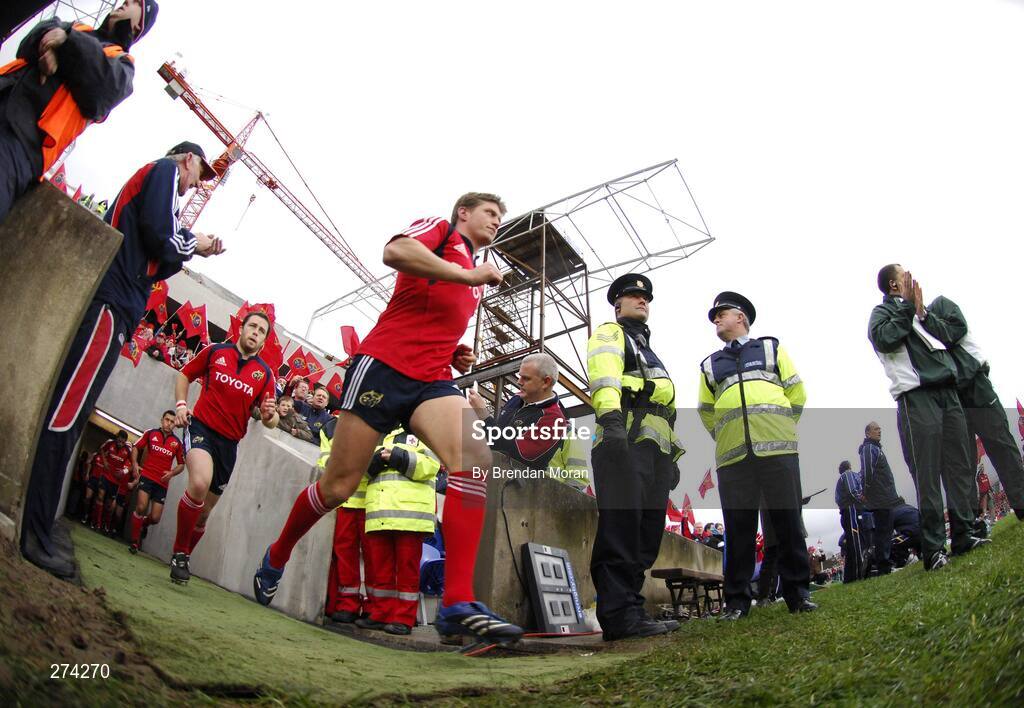 18 November 2007; Munster captain Ronan O'Gara leads his side out as the redevelopment of Thomond Park continues. Heineken Cup, Pool 5, Round 2, Munster v Clermont Auvergne, Thomond Park, Limerick. Picture credit; Brendan Moran / SPORTSFILE *** Local Caption ***