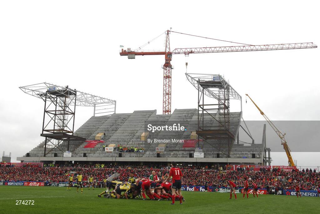 18 November 2007; The Munster and Clermont Auvergne packs engage in a scrum as the redevelopment of Thomond Park continues. Heineken Cup, Pool 5, Round 2, Munster v Clermont Auvergne, Thomond Park, Limerick. Picture credit; Brendan Moran / SPORTSFILE *** Local Caption ***