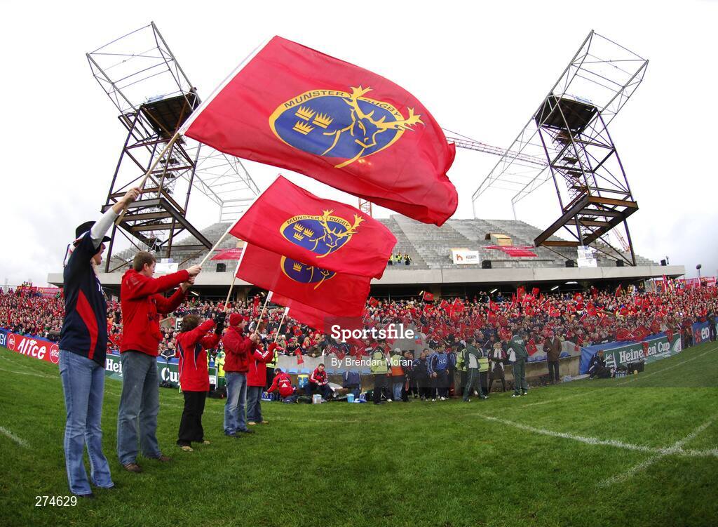 18 November 2007; Munster fans stand to cheer their side onto the pitch before the start of the game as the redevelopment of Thomond Park continues. Heineken Cup, Pool 5, Round 2, Munster v Clermont Auvergne, Thomond Park, Limerick. Picture credit; Brendan Moran / SPORTSFILE