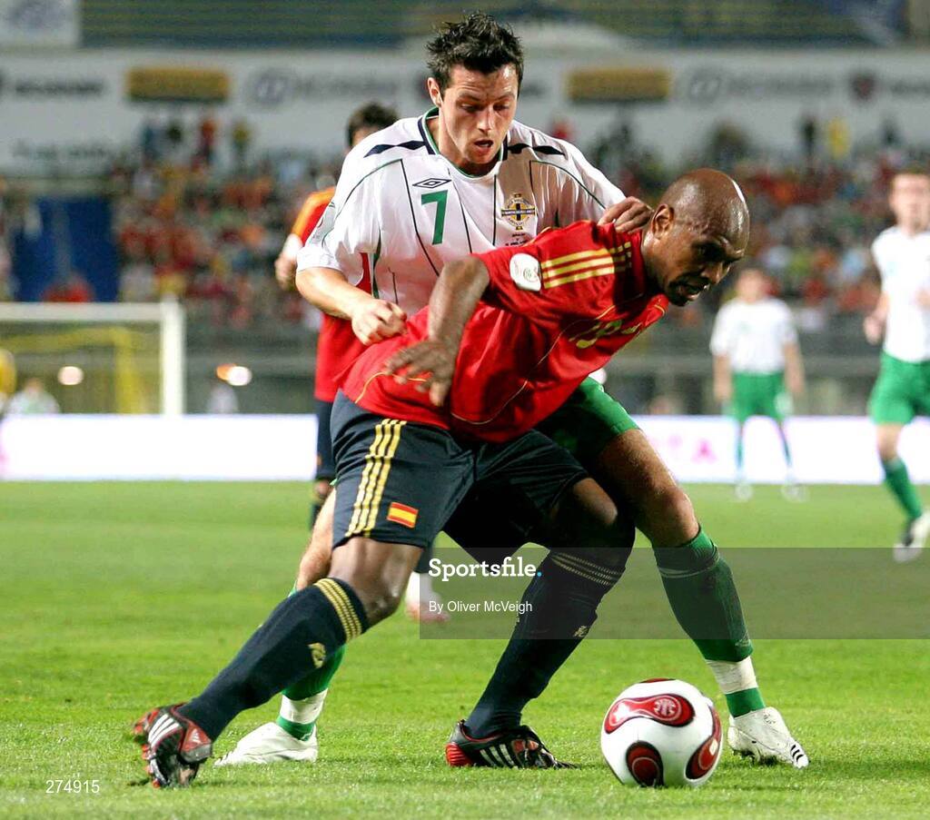 21 November 2007; Ivan Sproule, Northern Ireland, in action against Marco Senna, Spain. 2008 European Championship Qualifier, Spain v Northern Ireland, Estadio de Gran Canaria, Las Palmas, Spain. Picture credit; Oliver McVeigh / SPORTSFILE