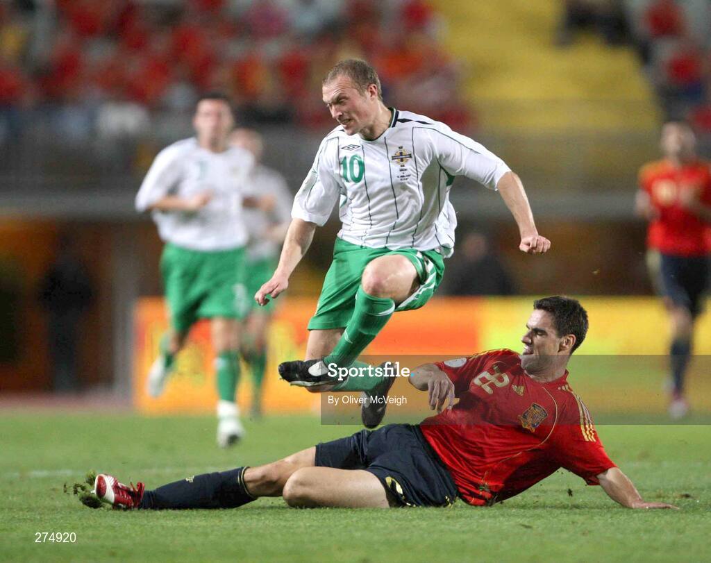 21 November 2007; Warren Feeney, Northern Ireland, is tackled by Pablo, Spain. 2008 European Championship Qualifier, Spain v Northern Ireland, Estadio de Gran Canaria, Las Palmas, Spain. Picture credit; Oliver McVeigh / SPORTSFILE