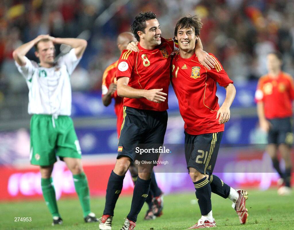 21 November 2007; Xavi, left, Spain, celebrates with team-mate David Silva after scoring his side's goal. 2008 European Championship Qualifier, Spain v Northern Ireland, Estadio de Gran Canaria, Las Palmas, Spain. Picture credit; Oliver McVeigh / SPORTSFILE