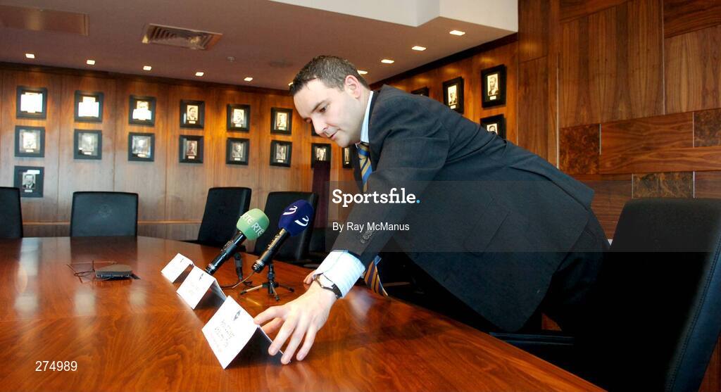 22 November 2007; GAA Information Officer Fergal McGill arranges place names in advance of a press conference to announce that Paraic Duffy, from Scotstown, Co Monaghan, will succeed Liam Mulvihill as Director General (Ard Stiúrthóir) of the Association. Croke Park, Dublin. Picture credit; Ray McManus / SPORTSFILE