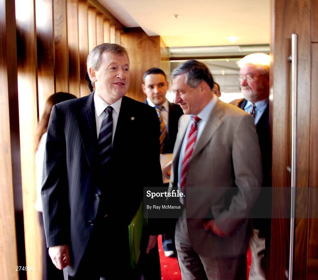 22 November 2007; Paraic Duffy, left, from Scotstown, Co Monaghan, arrives at a press conference accompanied by Liam Mulvihill at which it was announced that he will succeed the latter as Director General (Ard Stiúrthóir) of the Association. Croke Park, Dublin. Picture credit; Ray McManus / SPORTSFILE