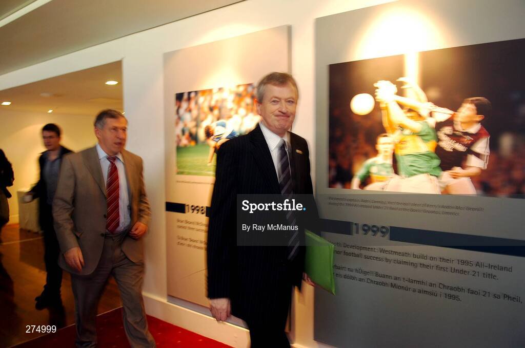 22 November 2007; Paraic Duffy, from Scotstown, Co. Monaghan, with Liam Mulvihill, left, arrives at a press conference where it was announced that he will succeed the latter as Director General (Ard Stiúrthóir) of the Association. Croke Park, Dublin. Picture credit; Ray McManus / SPORTSFILE