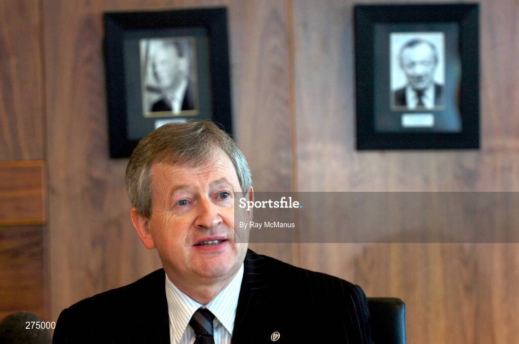 22 November 2007; Paraic Duffy, overlooked by portraits of previous Director Generals Paddy O'Keeffe, 1929 - 1964 and Sean O Siocháin 1964- 1979,  speaking at a press conference when it was announced that he will succeed Liam Mulvihill as Director General (Ard Stiúrthóir) of the Association. Croke Park, Dublin. Picture credit; Ray McManus / SPORTSFILE