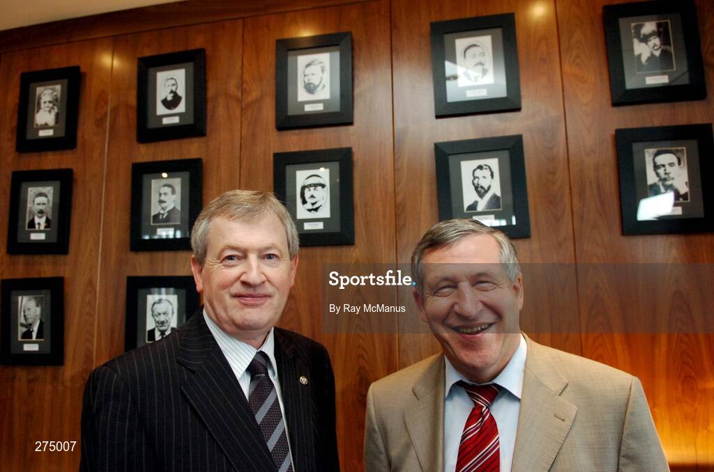22 November 2007; Paraic Duffy, left, and Liam Mulvihill relax under portraits of all of their predecessors after a press conference when it was announced that he will succeed Liam Mulvihill as Director General (Ard Stiúrthóir) of the Association. Croke Park, Dublin. Picture credit; Ray McManus / SPORTSFILE