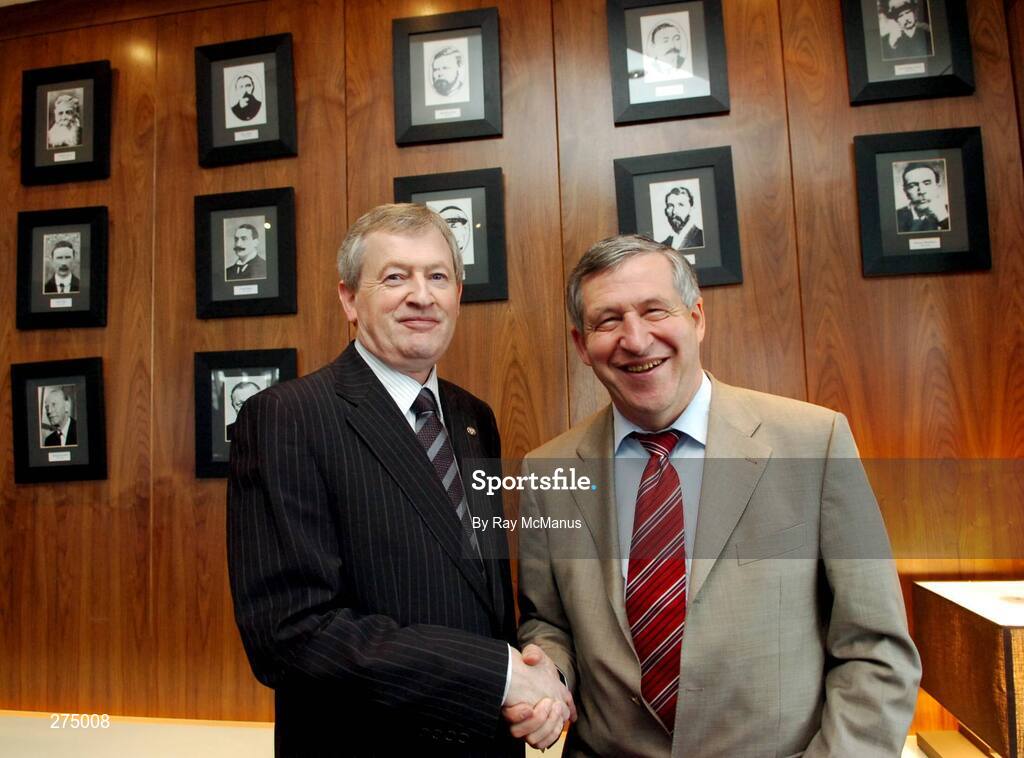 22 November 2007; Paraic Duffy, left, and Liam Mulvihill are overlooked by portraits of all of their predecessors as they wish each other well after the press conference when it was announced that the former will succeed Liam Mulvihill as Director General (Ard Stiúrthóir) of the Association. Croke Park, Dublin. Picture credit; Ray McManus / SPORTSFILE