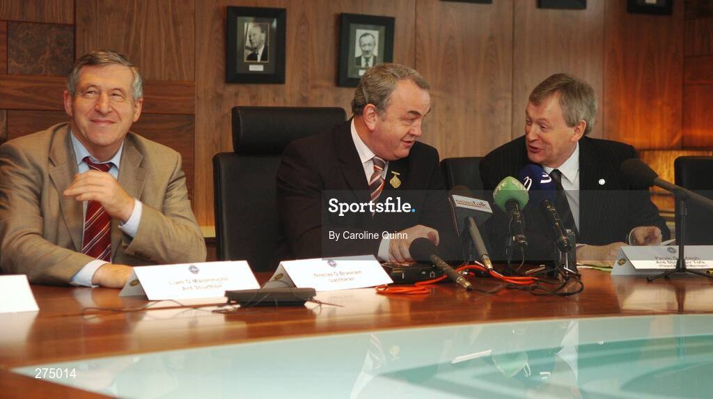 22 November 2007; GAA Director General Liam Mulvihill, left, GAA President Nickey Brennan and Paraic Duffy at a press conference to announce that Paraic Duffy, from Scotstown, Co Monaghan, will succeed Liam Mulvihill as Director General (Ard Stiúrthóir) of the Association. Croke Park, Dublin. Picture credit; Caroline Quinn / SPORTSFILE