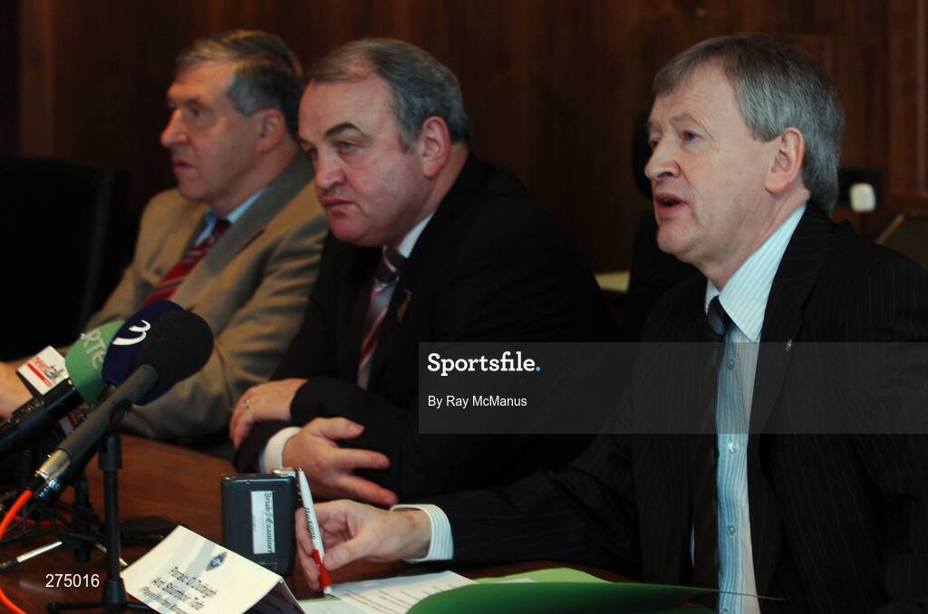 22 November 2007; GAA Director General Liam Mulvihill, left, GAA President Nickey Brennan and Paraic Duffy at a press conference to announce that Paraic Duffy, from Scotstown, Co Monaghan, will succeed Liam Mulvihill as Director General (Ard Stiúrthóir) of the Association. Croke Park, Dublin. Picture credit; Ray McManus / SPORTSFILE
