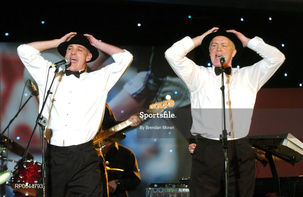 17 November 2007; Former football greats David Beggy, left, Meath and Barney Rock, Dublin, performing at the 2007 O'Neills/TG4 Ladies Gaelic Football All-Star Awards.  Citywest Hotel, Conference, Leisure & Golf Resort, Saggart, Co Dublin. Picture credit: Brendan Moran / SPORTSFILE  *** Local Caption ***