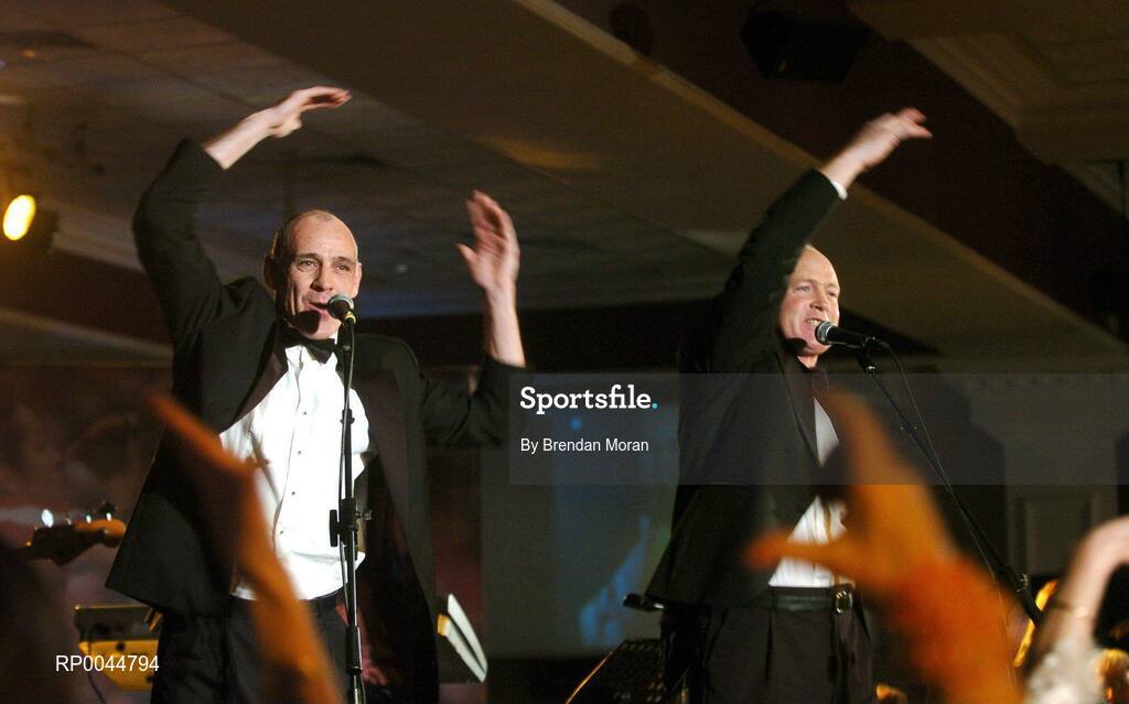 17 November 2007; Former football greats David Beggy, left, Meath and Barney Rock, Dublin, performing at the 2007 O'Neills/TG4 Ladies Gaelic Football All-Star Awards.  Citywest Hotel, Conference, Leisure & Golf Resort, Saggart, Co Dublin. Picture credit: Brendan Moran / SPORTSFILE  *** Local Caption ***