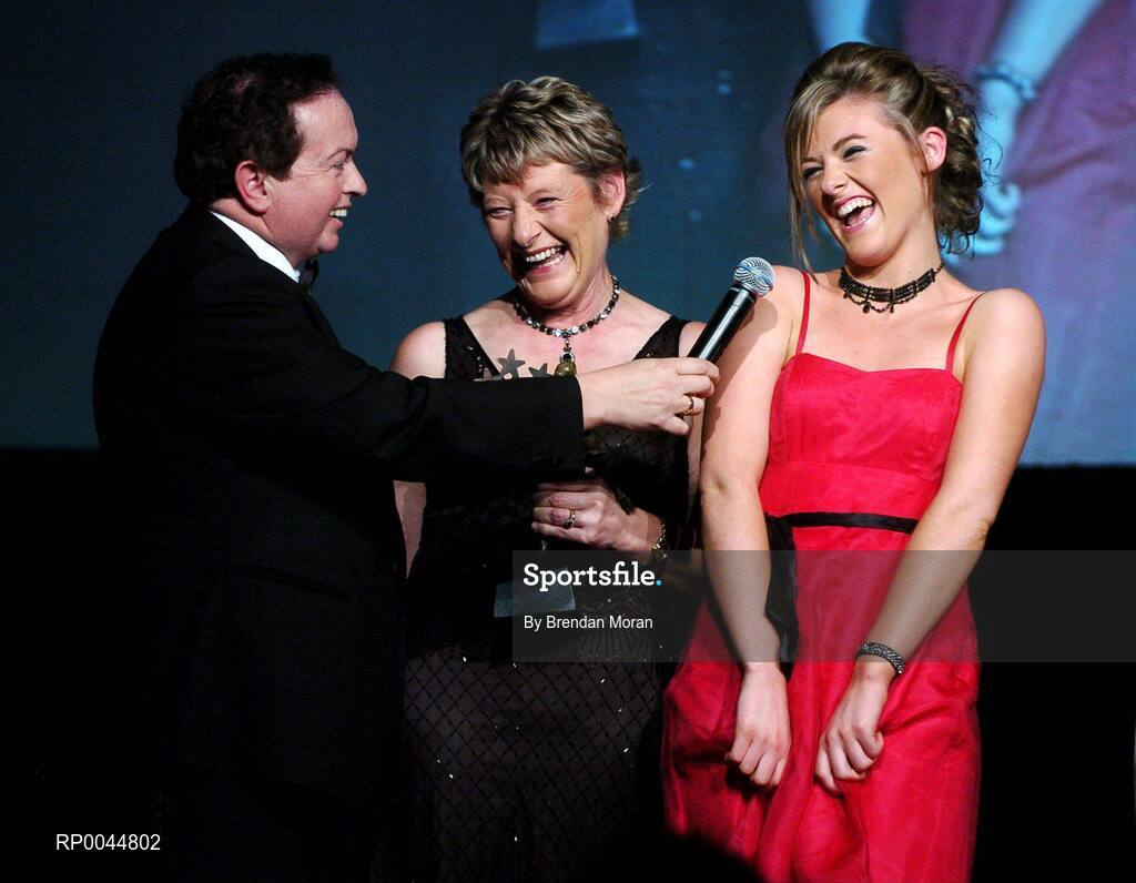 17 November 2007; MC Marty Morrissey speaking with Aoife Quinn, right, alongside her mother Mary, who was presented with the Hall of Fame award, at the 2007 O'Neills/TG4 Ladies Gaelic Football All-Star Awards.  Citywest Hotel, Conference, Leisure & Golf Resort, Saggart, Co Dublin. Picture credit: Brendan Moran / SPORTSFILE  *** Local Caption ***