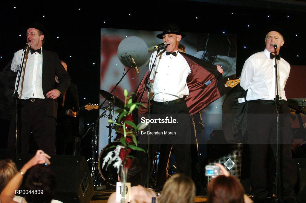 17 November 2007; Former football greats, Jack O'Shea, left, Kerry, David Beggy, centre, Meath, and Barney Rock, Dublin, performing at the 2007 O'Neills/TG4 Ladies Gaelic Football All-Star Awards.  Citywest Hotel, Conference, Leisure & Golf Resort, Saggart, Co Dublin. Picture credit: Brendan Moran / SPORTSFILE  *** Local Caption ***