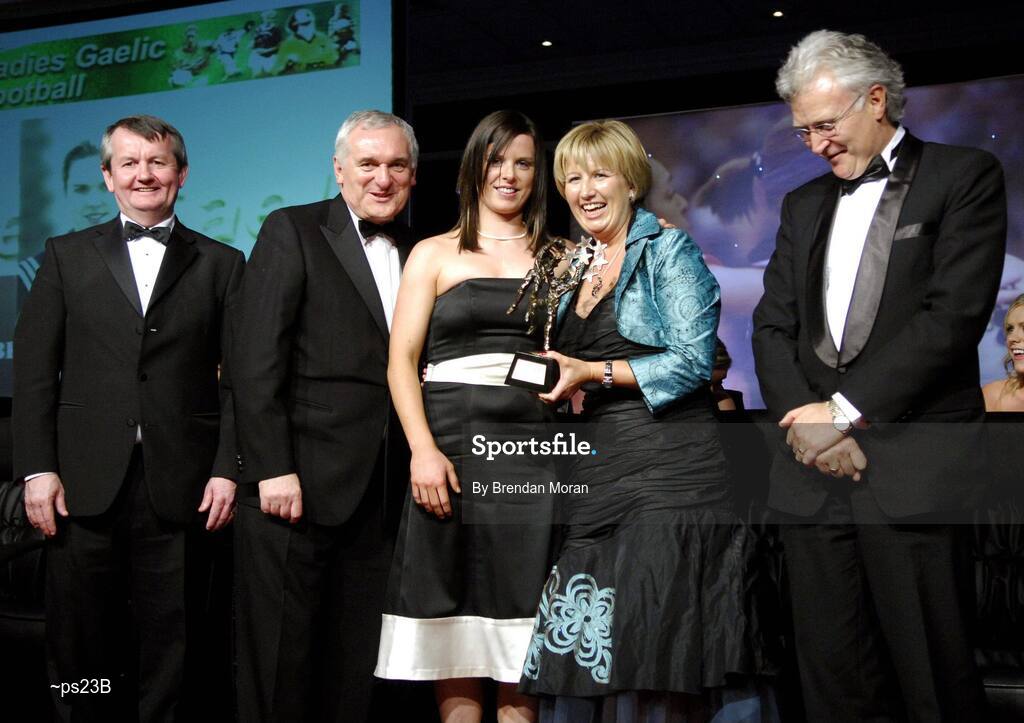 17 November 2007; Brianne Leahy, Kildare, is presented with her Allstar award by Geraldine Giles, President, Cumann Paul na mBan, in the company of An Taoiseach Bertie Ahern, T.D, Pol O Callachoir, left, Ceannsai, TG4, at the 2007 O'Neills/TG4 Ladies Football All-Star Awards. Citywest Hotel, Conference, Leisure & Golf Resort, Saggart, Co. Dublin. Picture credit: Brendan Moran / SPORTSFILE  *** Local Caption ***