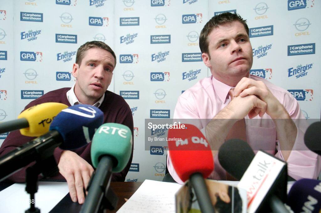 29 November 2007; Dessie Farrell, GPA Chief Executive, with Kieran McGeeney, GPA Secretary, at a press conference to announce the agreement between the Minister for Arts, Sport and Tourism and the Irish Sports Council, GAA and GPA to recognise the contribution of Senior Inter-County Players and additional costs associated with enhancing team performance. The decision taken by the Minister for Arts, Sport and Tourism, Mr Seamus Brennan TD is to provide the sum of 3.5m euro to fund an Annual Team Performance Scheme and an Annual Support Scheme for inter-county GAA players. Jury's Croke Park Hotel, Jones's Road, Dublin. Picture credit; Brian Lawless / SPORTSFILE