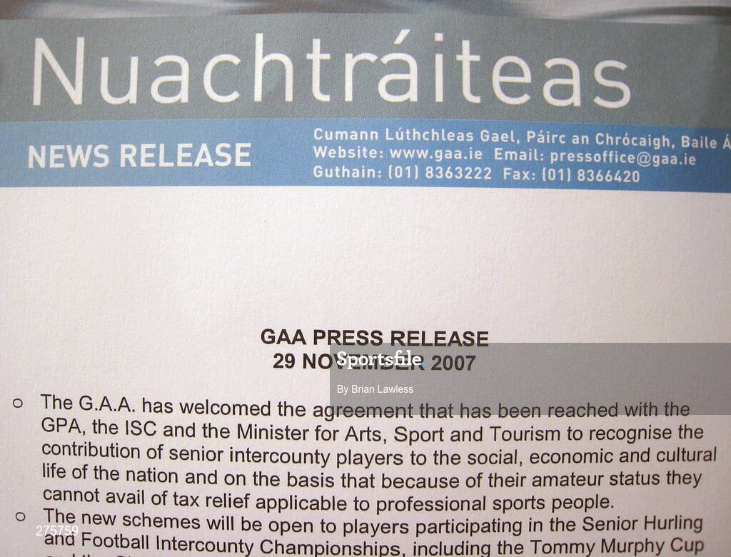 29 November 2007; The GAA Press Release at the press conference to announce the agreement between the Minister for Arts, Sport and Tourism, and the Irish Sports Council, GAA and GPA to recognise the contribution of Senior Inter-County Players and additional costs associated with enhancing team performance. Jury's Croke Park Hotel, Jones's Road, Dublin. Picture credit; Brian Lawless / SPORTSFILE