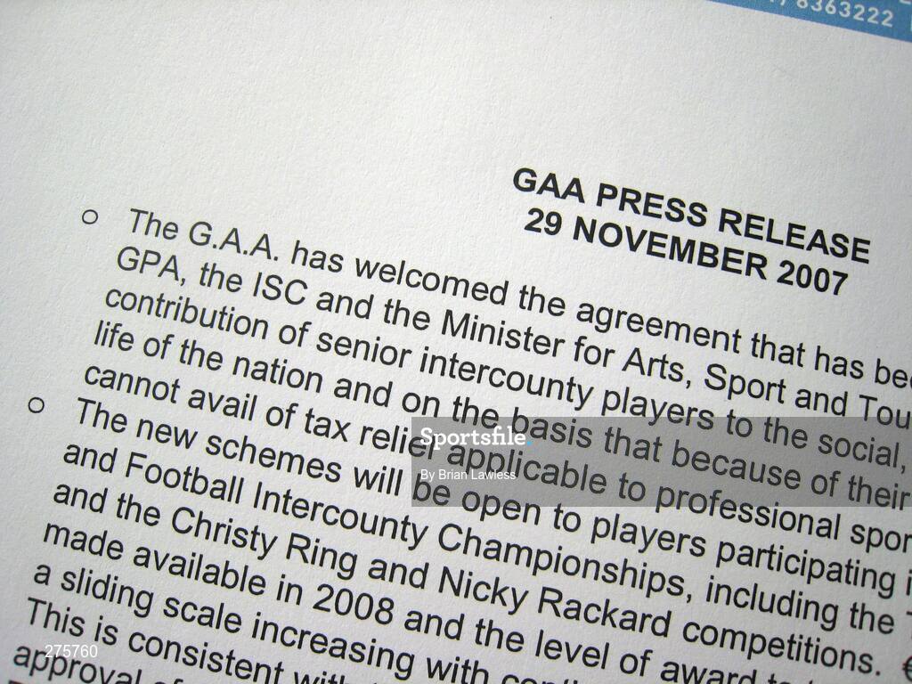 29 November 2007; The GAA Press Release at the press conference to announce the agreement between the Minister for Arts, Sport and Tourism, and the Irish Sports Council, GAA and GPA to recognise the contribution of Senior Inter-County Players and additional costs associated with enhancing team performance. Jury's Croke Park Hotel, Jones's Road, Dublin. Picture credit; Brian Lawless / SPORTSFILE