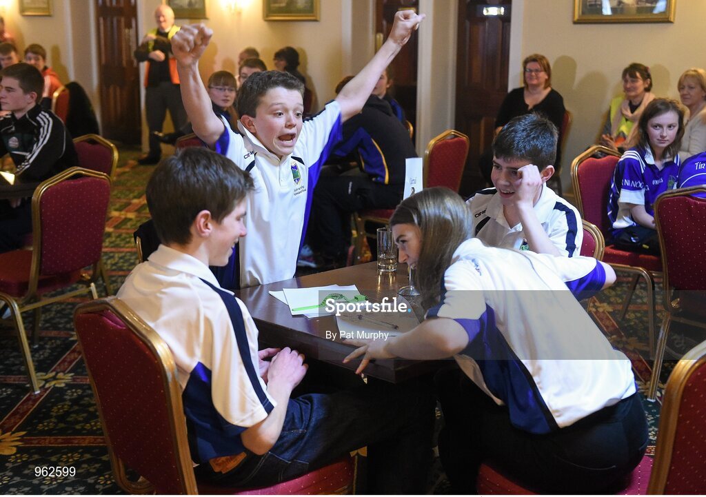 14 February 2015; Micheal O hEithrirn, Spa Cill Airne, Co. Kerry, reacts along side his team-mates Niamh Ni Chlumhain, Tomas Pleamonn and Seamus O Loiinsigh after winning the Table Quiz competition at the All-Ireland Scór na nÓg Championship Finals 2015. Citywest Hotel, Saggart, Co. Dublin. Picture credit: Pat Murphy / SPORTSFILE