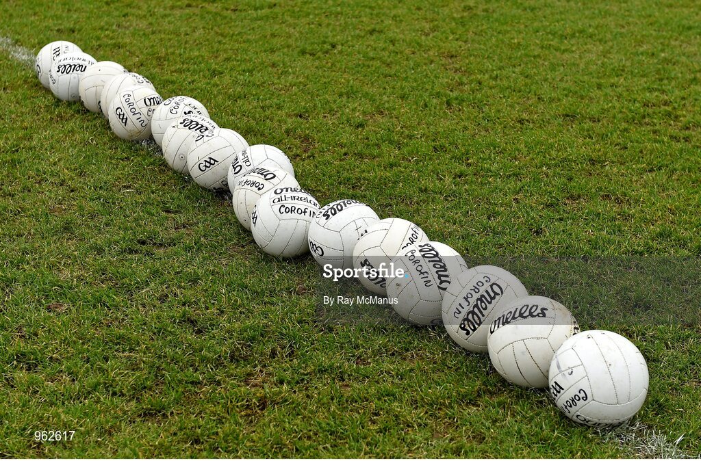 14 February 2015; The game balls lined up before the game. AIB GAA Football All-Ireland Senior Club Championship, Semi-Final, Corofin v St Vincent's. O'Connor Park, Tullamore, Co. Offaly. Picture credit: Ray McManus / SPORTSFILE