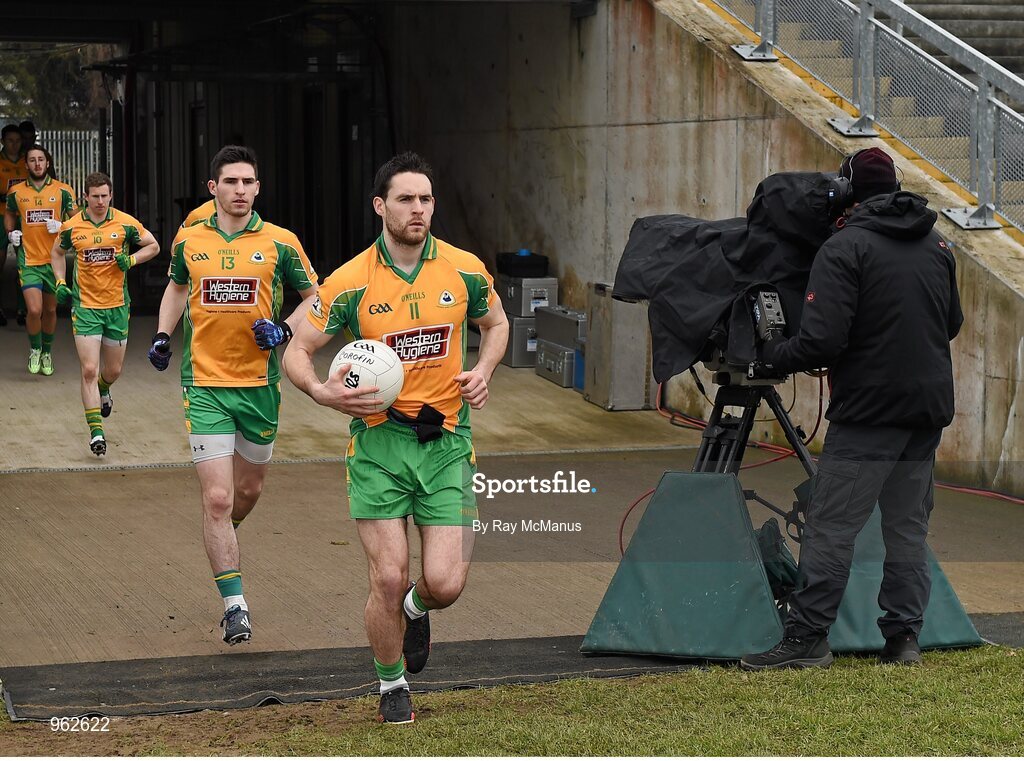 14 February 2015; Captain Michael Farragher leads out the Corofin team ahead of the game. AIB GAA Football All-Ireland Senior Club Championship, Semi-Final, Corofin v St Vincent's. O'Connor Park, Tullamore, Co. Offaly. Picture credit: Ray McManus / SPORTSFILE